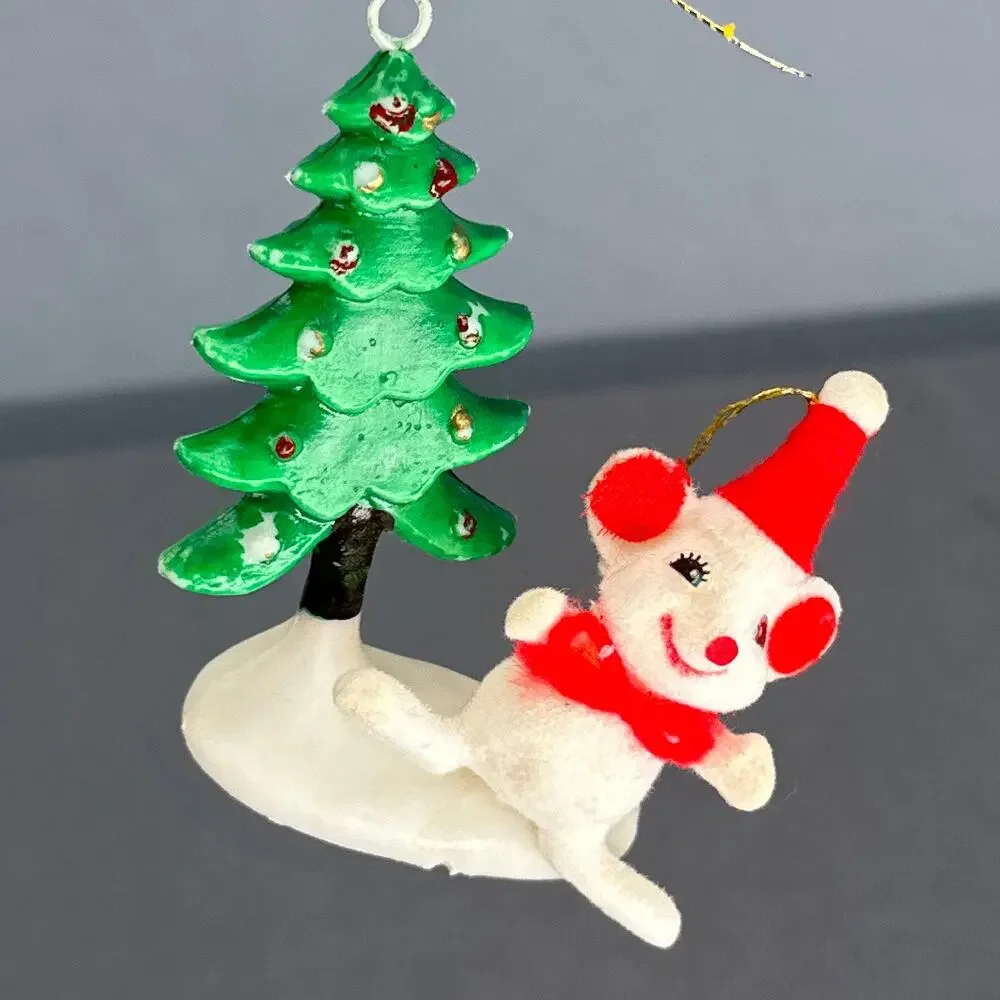 10 VTG 1950s Flocked Felt Christmas Ornaments Mice Cat Snowmen Santa MCM Kitschy